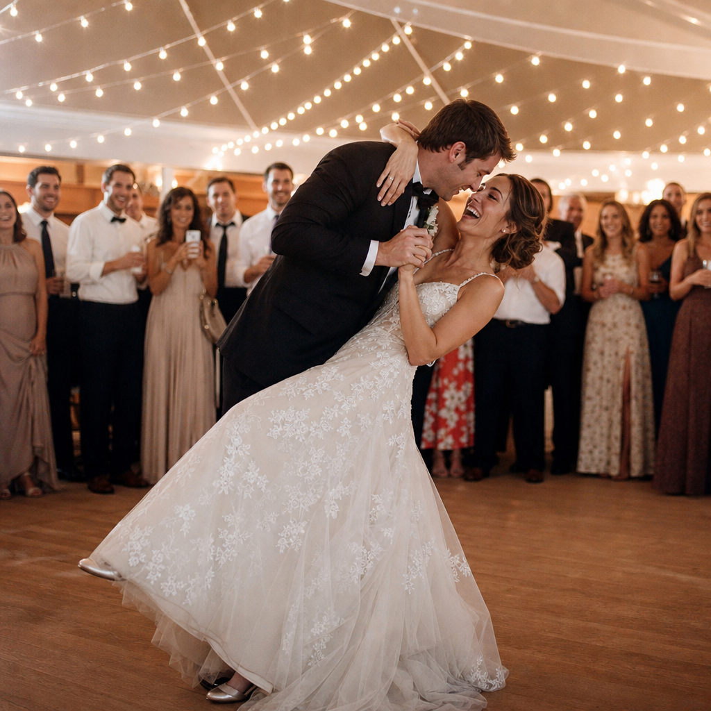Primeira dança dos noivos na festa de casamento